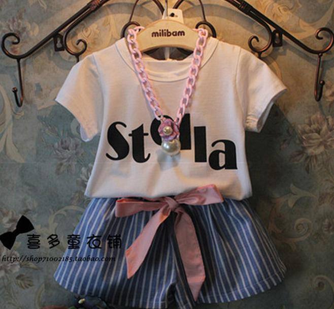 多可愛 2014夏季新款女童韓國童裝清新字母T+條紋小高腰短褲套裝