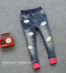 女童秋款新款韓版嘴唇繡線時尚玫紅卷邊牛仔褲鉛筆褲潮褲童裝湖州