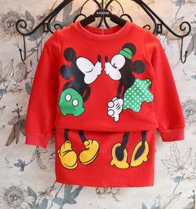 一件代發2014秋新款韓版潮款女童搞怪米奇圖案包臀裙兩件套裝湖州