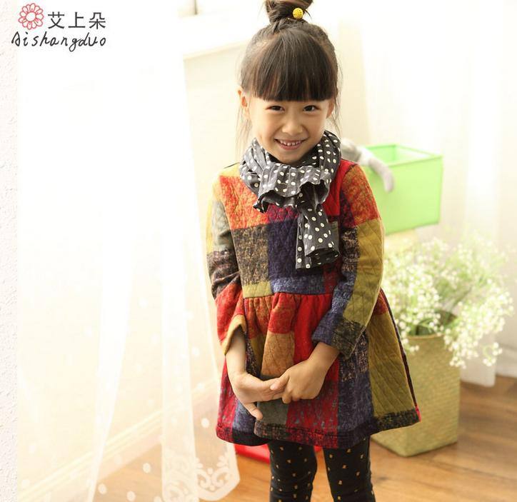 2014秋裝新款韓版女童連衣裙 兒童圓領(lǐng)長(zhǎng)袖裙子夾棉公主裙 批發(fā)