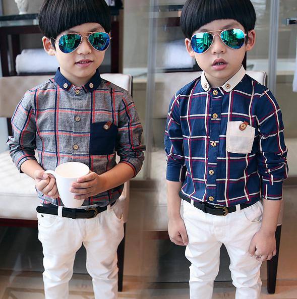 2014秋 兒童格子長袖襯衫 男童潮立領翻邊紐扣英倫撞色長袖襯衫