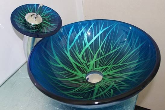 玻璃洗手盆、玻璃手繪盆、洗面盆、鋼化玻璃臺上盆，藝術盆含龍頭