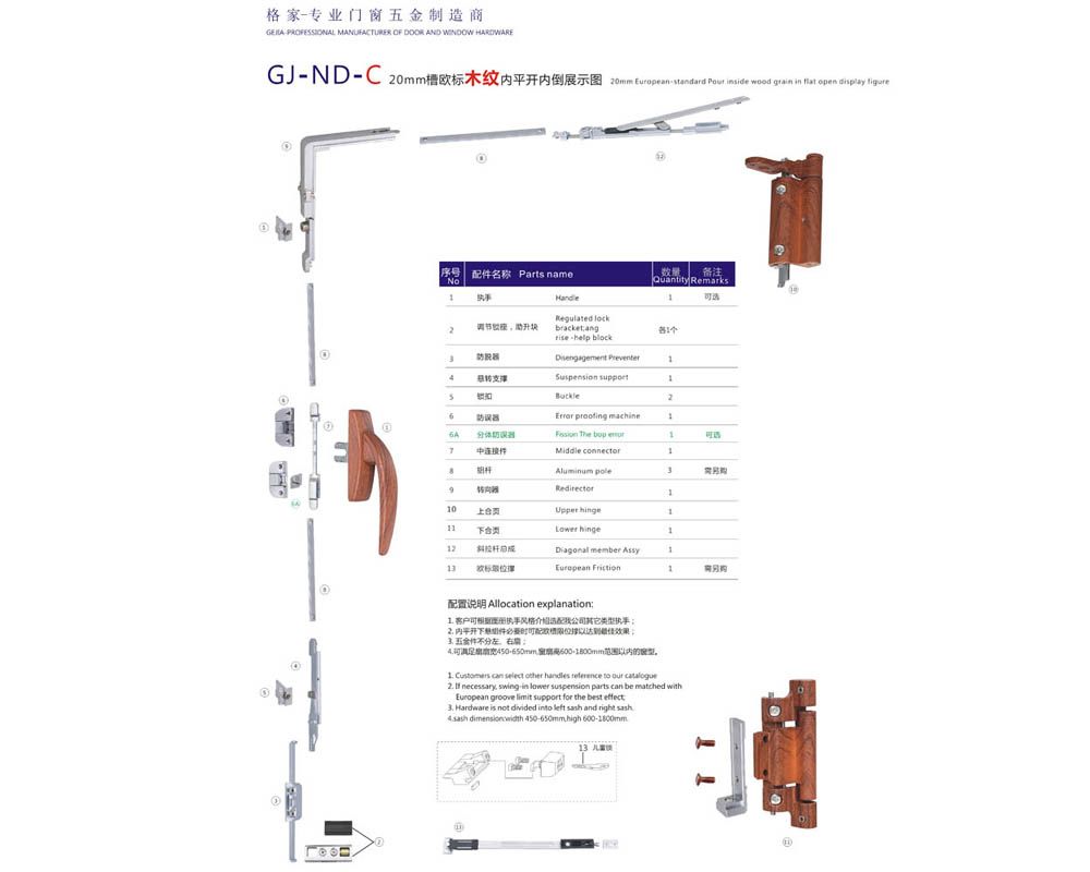 CG-ND-C 20mm槽歐標木紋內平開內倒 門窗配件