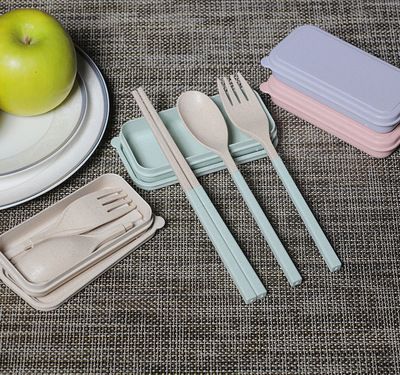 韓式折疊旅行勺筷子叉小麥盒創意可愛學生便攜餐具三件套裝